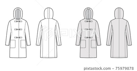 Clasp coat technical fashion illustration with long sleeves, hood, oversized body, patch pockets, knee length. Flat Clasp coat technical fashion illustration with long sleeves, hood, oversized body, patch pockets, knee length. Flat 75979878