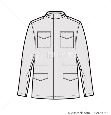 M-65 field jacket technical fashion illustration with oversized, stand collar, hide hood, flap pockets, epaulettes 75979932