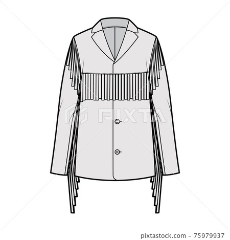 Western jacket technical fashion illustration with fringe, oversized, long sleeves, notched collar, button opening. Flat Western jacket technical fashion illustration with fringe, oversized, long sleeves, notched collar, button opening. Flat 75979937