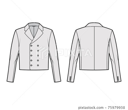 Monkey jacket technical fashion illustration with double breasted, long sleeves, notched collar, waist length. Flat Monkey jacket technical fashion illustration with double breasted, long sleeves, notched collar, waist length. Flat 75979938