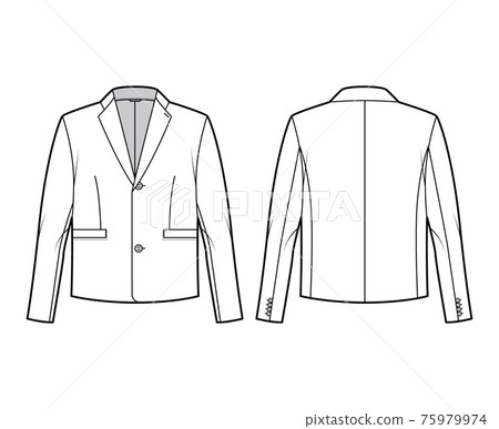 Single breasted jacket suit technical fashion illustration with long sleeves, notched lapel collar, flap welt pockets. 75979974