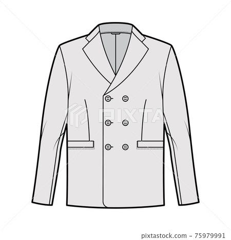 Double breasted jacket suit technical fashion illustration with long sleeves, notched lapel collar, flap welt pockets. 75979991
