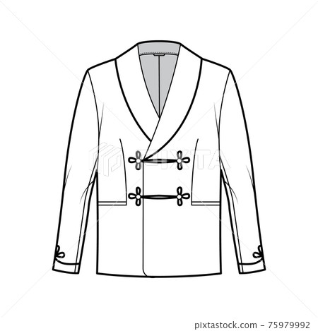 Smoking jacket technical fashion illustration with double breasted, long sleeves, shawl collar, besom pockets. Flat Smoking jacket technical fashion illustration with double breasted, long sleeves, shawl collar, besom pockets. Flat 75979992