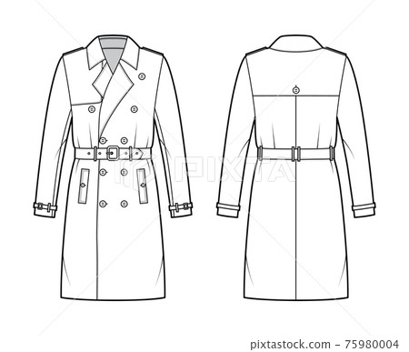 Trench coat technical fashion illustration with belt, double breasted, long sleeves, knee length, storm flap Flat jacket 75980004