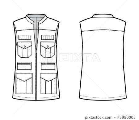 Safari vest waistcoat technical fashion illustration with sleeveless, stand collar, zip-up closure, pockets, oversized Safari vest waistcoat technical fashion illustration with sleeveless, stand collar, zip-up closure, pockets, oversized 75980005