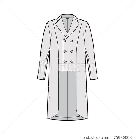 Horse riding jacket tuxedo technical fashion illustration with double breasted, long sleeve, peaked collar, low high hem Horse riding jacket tuxedo technical fashion illustration with double breasted, long sleeve, peaked collar, low high hem 75980008