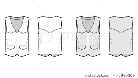 Western vest waistcoat technical fashion illustration with sleeveless, yoke, flap pockets, fitted body . Flat apparel  75980009