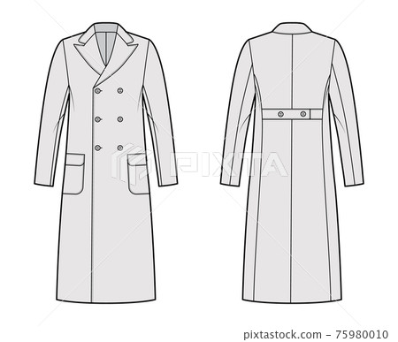 Polo coat technical fashion illustration with double breasted, midi length, round peak collar, flap patch pockets. Flat Polo coat technical fashion illustration with double breasted, midi length, round peak collar, flap patch pockets. Flat 75980010