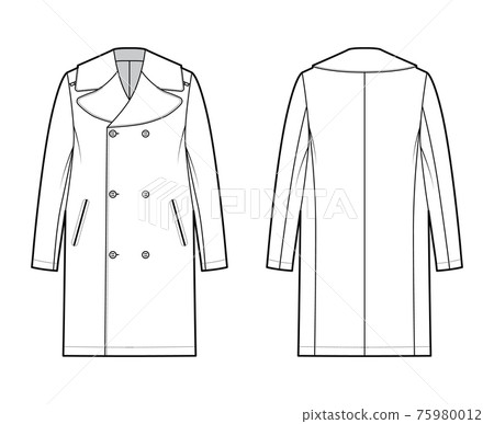Reefer overcoat technical fashion illustration with double breasted, knee length, tailored button-up collar, epaulettes Reefer overcoat technical fashion illustration with double breasted, knee length, tailored button-up collar, epaulettes 75980012