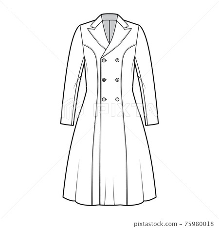 Princess line coat technical fashion illustration with double breasted, fitted body, peak lapel collar, knee length Princess line coat technical fashion illustration with double breasted, fitted body, peak lapel collar, knee length 75980018