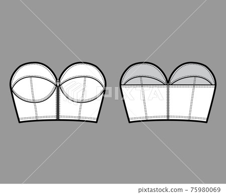 Denim bustier top technical fashion illustration with zip-up closure, cups strapless , slim fit, crop length. Flat bra Denim bustier top technical fashion illustration with zip-up closure, cups strapless , slim fit, crop length. Flat bra 75980069