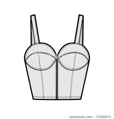 Denim bustier top technical fashion illustration with thin straps, zip-up closure, cups, slim fit, waist crop length. Denim bustier top technical fashion illustration with thin straps, zip-up closure, cups, slim fit, waist crop length. 75980071