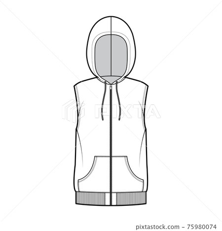 Hooded vest puffer waistcoat technical fashion illustration with sleeveless, kangaroo pouch, zip-up closure, oversized Hooded vest puffer waistcoat technical fashion illustration with sleeveless, kangaroo pouch, zip-up closure, oversized 75980074