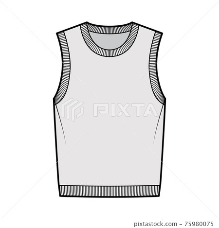 Pullover vest sweater waistcoat technical fashion illustration with sleeveless, rib knit round neckline, oversized body. Pullover vest sweater waistcoat technical fashion illustration with sleeveless, rib knit round neckline, oversized body. 75980075