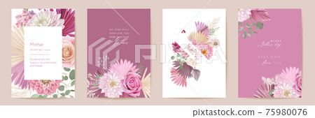 Mother day floral greeting card. Watercolor minimal postcard set. Vector rose, dahlia flowers, palm leaves template Mother day floral greeting card. Watercolor minimal postcard set. Vector rose, dahlia flowers, palm leaves template 75980076