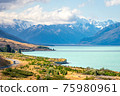 A camper van is driving along Lake Lake Pukaki in Mount Cook National Park, New Zealand. 75980961