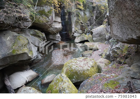 宮城縣仙台市明穗溫泉來來峽崎嶇的岩層 75981043