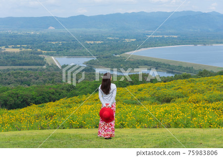 Beautiful woman in nature flower. Beautiful woman in nature flower. 75983806