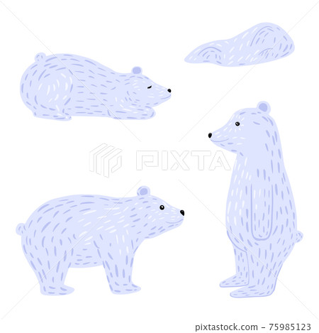 Set polar bears isolated on white background. White bear different poses: standing on two and four paws, laying. Animal character design from arctic. Doodle style. Set polar bears isolated on white background. White bear different poses: standing on two and four paws, laying. Animal character design from arctic. Doodle style. 75985123