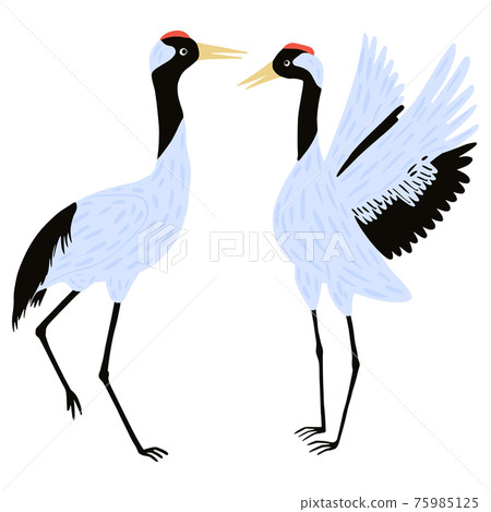 Set Cranes birds isolated on white background. Beautiful birds gray color from asian culture standing and dancing design element in flat style. Set Cranes birds isolated on white background. Beautiful birds gray color from asian culture standing and dancing design element in flat style. 75985125