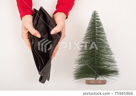 A woman is holding an empty purse next to a small artificial Christmas tree. The financial crisis during the holidays 75985908