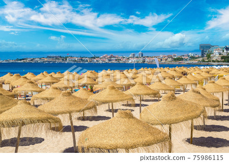 Umbrellas on public beach in Estoril 75986115