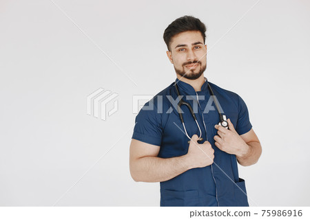 A portrait of a medical doctor posing against white background 75986916