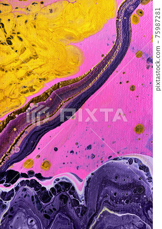 Acrylic Fluid Art. Natural Yellow, magenta and purple paints flow on canvas. Digital decor. Abstract stone background or texture Acrylic Fluid Art. Natural Yellow, magenta and purple paints flow on canvas. Digital decor. Abstract stone background or texture 75987281