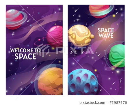 Space posters with cartoon planets, vector galaxy 75987576