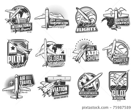 Airline flights, air transport vector icons set Airline flights, air transport vector icons set 75987589