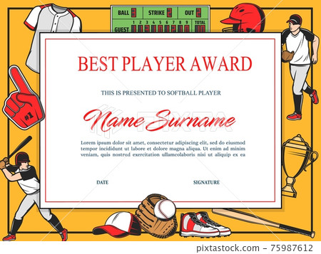 Baseball best player award diploma vector template 75987612