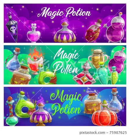 Magic potion bottles vector banners magical elixir Magic potion bottles vector banners magical elixir 75987625