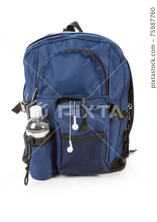 Blue backpack and water 75987760