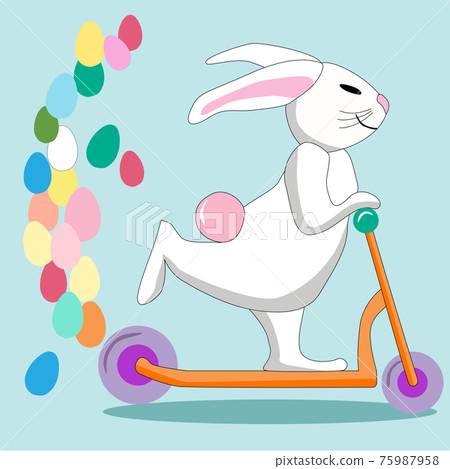 Cute Easter rabbit ride on a scooter and many eggs colors. Vector illustration. Cute Easter rabbit ride on a scooter and many eggs colors. Vector illustration. 75987958