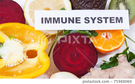 Inscription immune system and fresh fruits with vegetables. Source natural vitamins and minerals 75988060