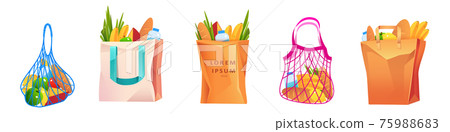 Net, cotton and paper shopping bags with grocery Net, cotton and paper shopping bags with grocery 75988683