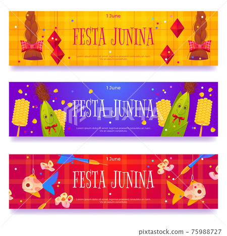 Festa Junina banners with braids, fish and corn 75988727
