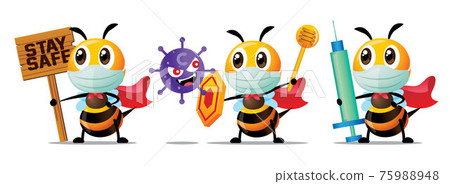 Cartoon cute Superhero bee mascot series set. Cute bees wearing surgical masks and holdings syringe needle, shield and Stay Safe wooden signboard to fight with Covid-19 virus and bacteria - mascot set 75988948