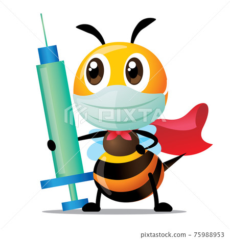 Fight the Virus with vaccination. Cartoon superhero bee wears surgical mask and holds Syringe with Needle for injection or vaccination. Prevent against virus. 75988953