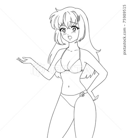 Cute anime manga girl wearing swimsuit bikini isolated on white background. 75989515