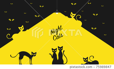 Cartoon cats silhouettes in the night on yellow black background vector illustration. Cartoon cats silhouettes in the night on yellow black background vector illustration. 75989847