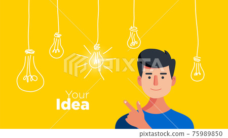 Yellow background with cartoon man and hanging lightbulbs vector illustration. Yellow background with cartoon man and hanging lightbulbs vector illustration. 75989850