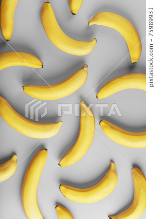 Geometric pattern of yellow bananas on a gray background in the Fashionable colors of 2021. Geometric pattern of yellow bananas on a gray background in the Fashionable colors of 2021. 75989931