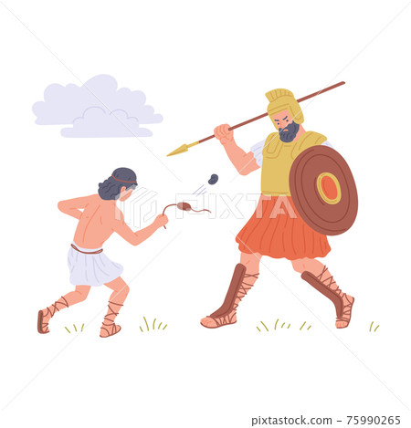 Old Testament bible David and Goliath, flat vector illustration isolated. 75990265