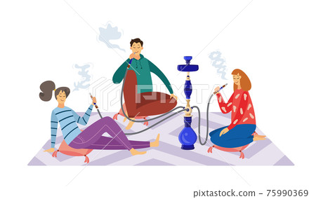 People cartoon characters smoking hookah, flat vector illustration isolated. 75990369