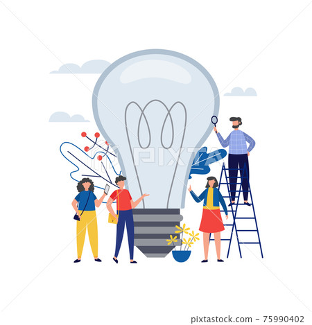 Group of people look at an electric light bulb a vector illustration 75990402