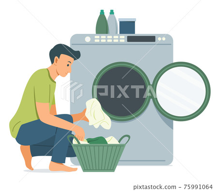 Man Wash the Clothes with Washing Machine. Man Wash the Clothes with Washing Machine. 75991064