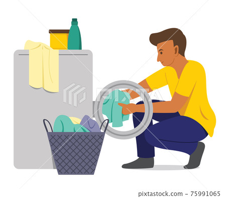 Man Wash the Clothes with Washing Machine. 75991065