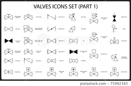 Valve engineering symbol set. Collection of... - Stock Illustration ...