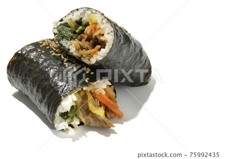Photographed Korean-style seaweed-wrapped gimbap on a white background Photographed Korean-style seaweed-wrapped gimbap on a white background 75992435
